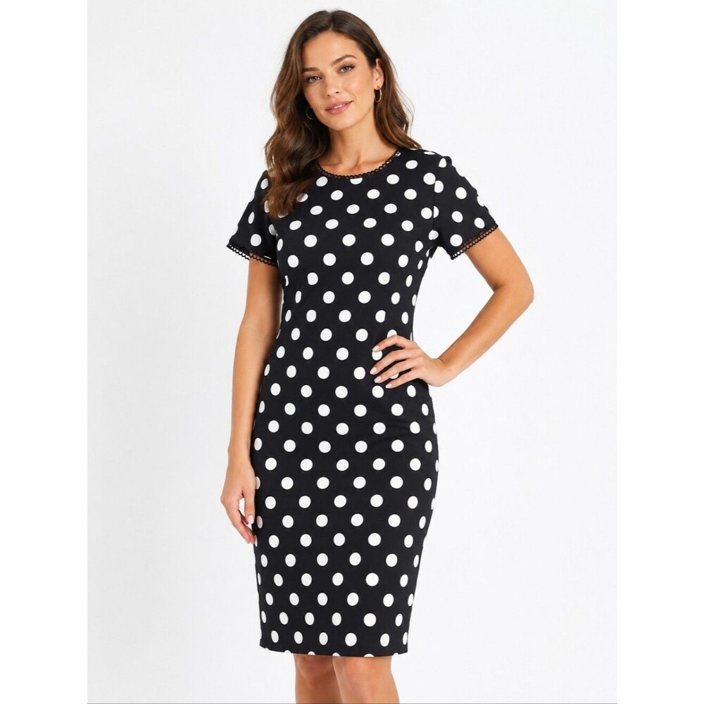 Karl Lagerfeld Paris Black Polka Dot Sheath Dress Scalloped Trim Career Cocktail